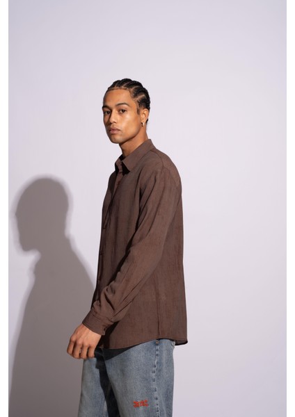 Erkek Uzun Kollu Kırçıllı Gömlek Kahverengi fiyatları