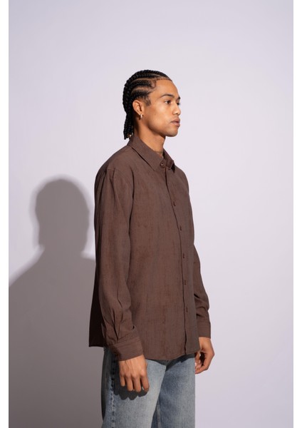 Erkek Uzun Kollu Kırçıllı Gömlek Kahverengi modelleri
