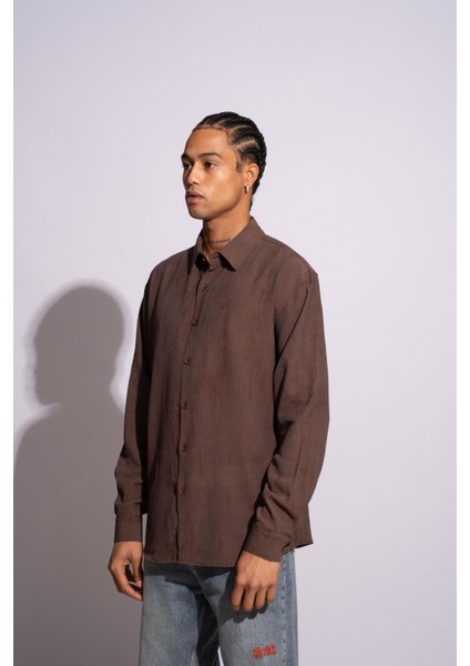 Erkek Uzun Kollu Kırçıllı Gömlek Kahverengi fırsatları