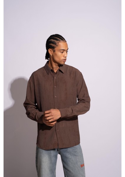 Erkek Uzun Kollu Kırçıllı Gömlek Kahverengi indirimleri