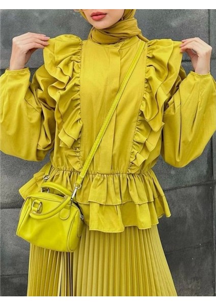 Önü ve Eteği Fırfırlı Beli Lastikli Gömlek -Yağ Yeşili fiyatları