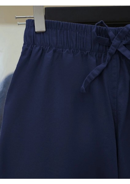 Bağcık Detaylı Bol Paça Beli Lastikli Keten Pantolon -K.laci