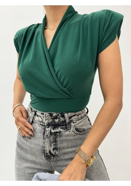 Sıfır Kol Vatkalı Kruvaze Model Sandy Bluz -Zümrüt