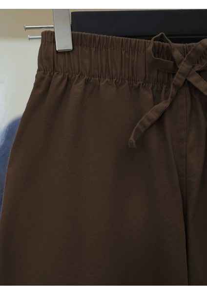 Bağcık Detaylı Bol Paça Beli Lastikli Keten Pantolon -Kahve