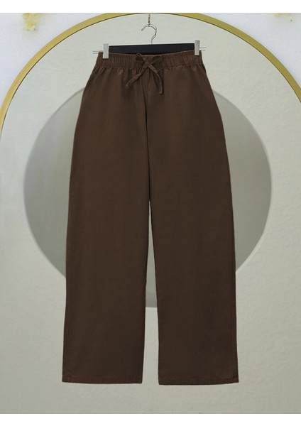 Bağcık Detaylı Bol Paça Beli Lastikli Keten Pantolon -Kahve modelleri