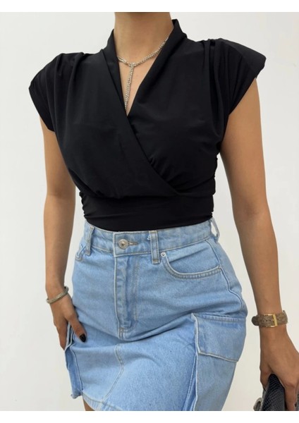 Sıfır Kol Vatkalı Kruvaze Model Sandy Bluz -Siyah