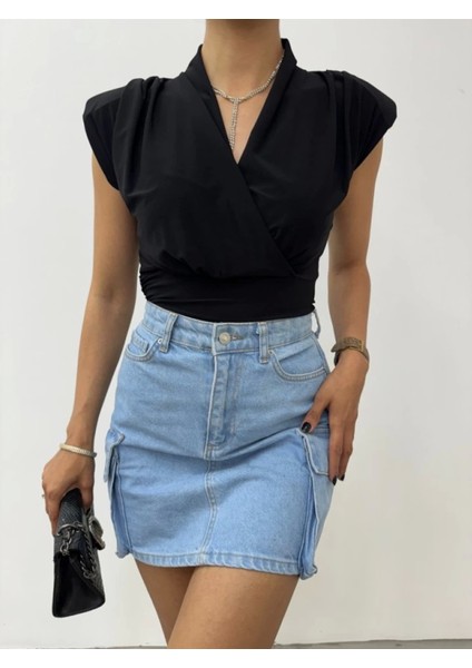 Sıfır Kol Vatkalı Kruvaze Model Sandy Bluz -Siyah modelleri