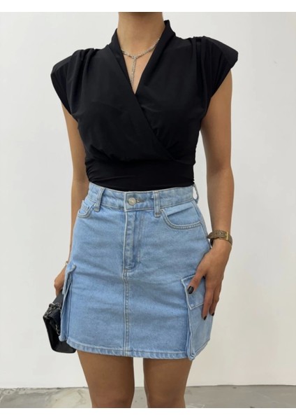 Sıfır Kol Vatkalı Kruvaze Model Sandy Bluz -Siyah indirimleri