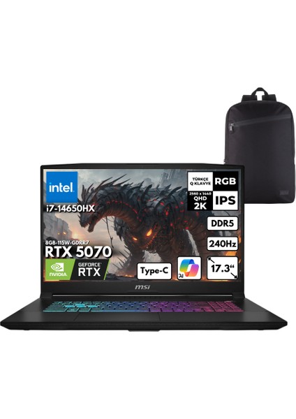 Msı Katana 17 Hx I7-14650HX 48-GB DDR5 4 TB SSD RTX5070 (8GB-115W-GDRR7) 17.3" 2k Qhd 240Hz Freedos Taşınabilir Bilgisayar + Sırt Çantası B14WGK-046XTRHMF14