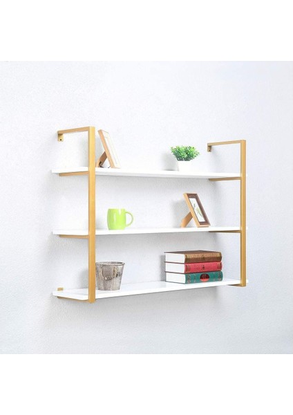Gold Metal Ahşap Duvar Rafı 120CM 3 Katlı