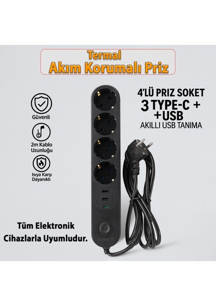 4 Prizli 3 USB Girişli Akım Korumalı Topraklı Golyat Grup Şarj Fiş Priz 2 Metre Uzatma Kablosu