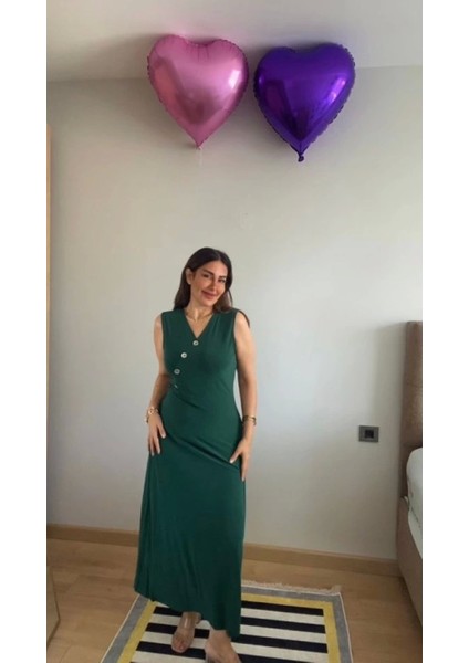 Kadın Kruvaze Yaka Düğme Detay Maxi Boy Elbise