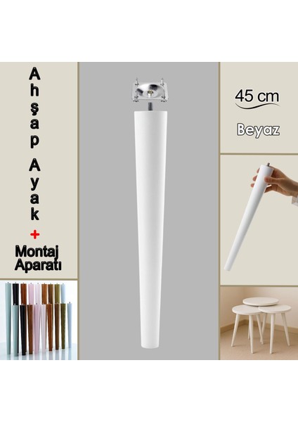 Ahşap Ayak 45 cm Beyaz M8 Civatalı Bağlantı Aparatlı Mobilya Tabure Sehpa Masa Destek Ayağı