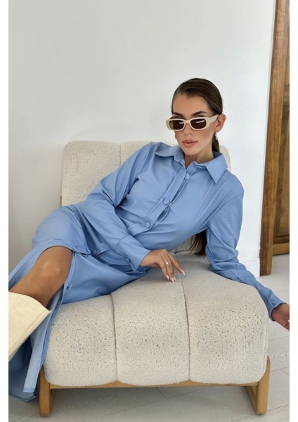 Mavi Boydan Düğmeli Deri Elbise fiyatları