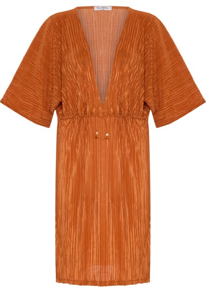 V Yaka Kanal Büzgülü Piliseli Saten Bakır Tunik