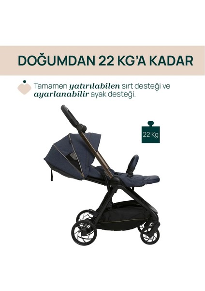 ONE4EVER Lounge Çift Yönlü Kolay Katlanabilen Travel Sistem-Seyahat Sistem Bebek Arabası Denim Shine