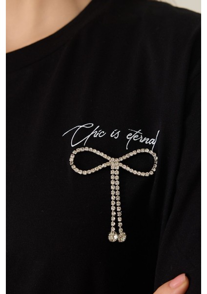 Siyah Bisiklet Yaka Taş Detaylı Baskılı Kısa Kollu T-Shirt