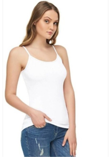 Kadın Beyaz Elastan Likralı Pamuklu Ip Askılı Atlet