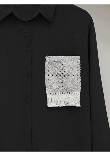 Örgü Cepli Düğmeli Ayrobin Gömlek -Siyah