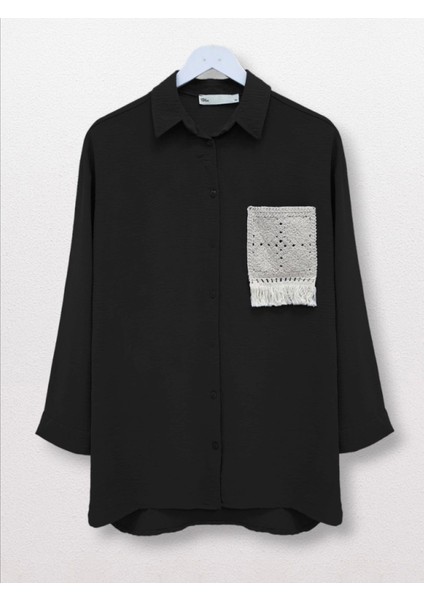 Örgü Cepli Düğmeli Ayrobin Gömlek -Siyah modelleri