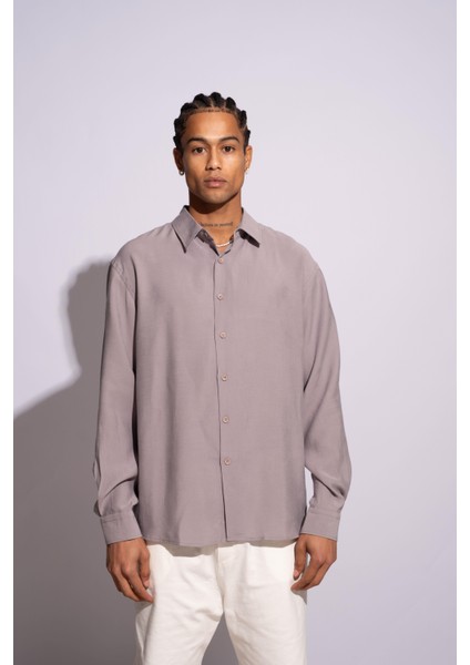 Erkek Uzun Kollu Oversize Dökümlü Modal Gömlek Gri modelleri