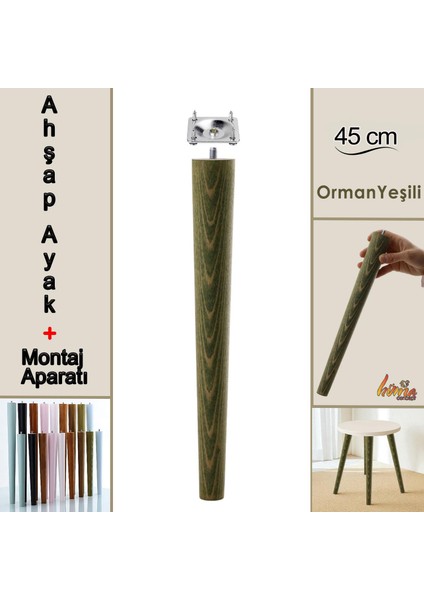 Ahşap Ayak 45 cm Orman Yeşili M8 Civatalı Bağlantı Aparatlı Mobilya Tabure Sehpa Masa Destek Ayağı