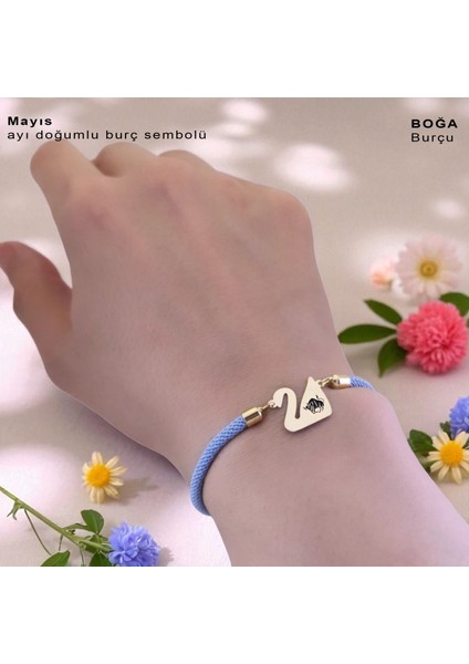 14 Ayar Plakalı Altın Boğa Burçlarına Özel Mavi Örgülü Kuğu Kuşu Figürlü Hediye BILEKLIK-603BURÇ
