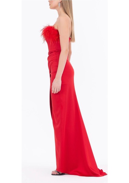 Tüy Detaylı Saten Dokuma Yırtmaçlı Abiye modelleri