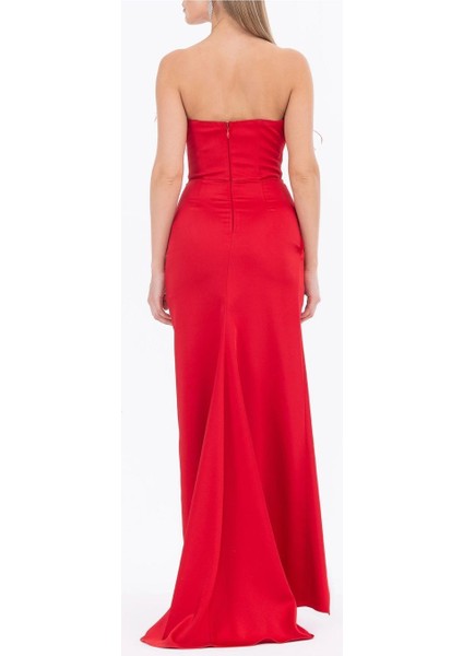 Tüy Detaylı Saten Dokuma Yırtmaçlı Abiye fırsatları