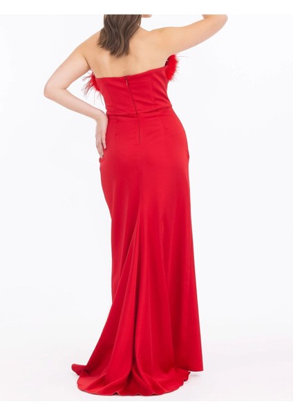 Tüy Detaylı Saten Dokuma Yırtmaçlı Abiye indirimleri