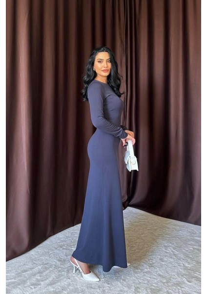 Lacivert Vücudu Saran Uzun Elbise fiyatları
