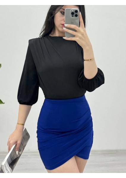 Içi Tulumlu Omuzdan Büzgülü Vatkalı Sendy Bluz -Siyah modelleri