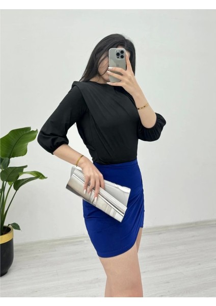 Içi Tulumlu Omuzdan Büzgülü Vatkalı Sendy Bluz -Siyah fırsatları