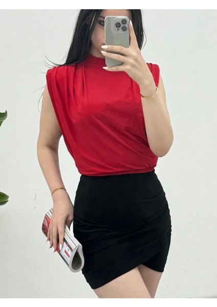 Sıfır Kol Vatkalı Sandy Bluz -Kırmızı modelleri