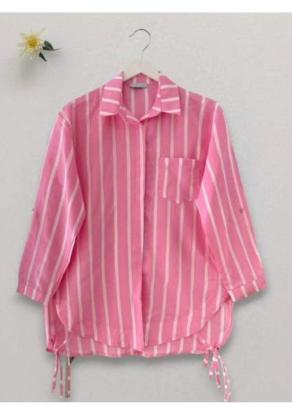 Yandan Bağlamalı Cepli Çizgili Gömlek -Pembe