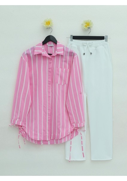 Yandan Bağlamalı Cepli Çizgili Gömlek -Pembe modelleri