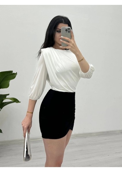 Içi Tulumlu Omuzdan Büzgülü Vatkalı Sendy Bluz -Beyaz fırsatları