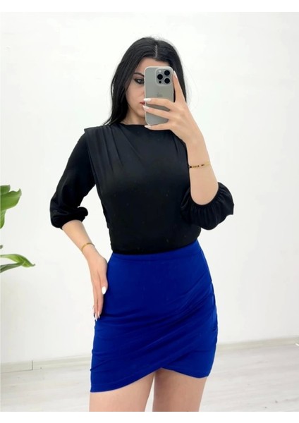 Içi Tulumlu Omuzdan Büzgülü Vatkalı Sendy Bluz -Siyah indirimleri