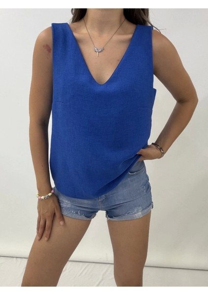 V Yaka Sıfır Kol Keten Bluz -Saks