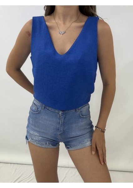 V Yaka Sıfır Kol Keten Bluz -Saks fiyatları