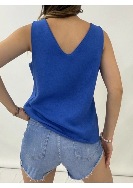 V Yaka Sıfır Kol Keten Bluz -Saks fırsatları