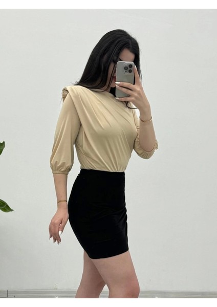 Içi Tulumlu Omuzdan Büzgülü Vatkalı Sendy Bluz -Bej modelleri