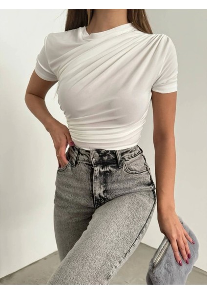 Çapraz Büzgülü Kısa Kol Sandy Bluz -Beyaz