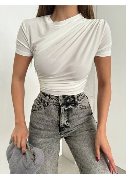 Çapraz Büzgülü Kısa Kol Sandy Bluz -Beyaz fiyatları