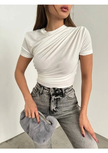 Çapraz Büzgülü Kısa Kol Sandy Bluz -Beyaz modelleri