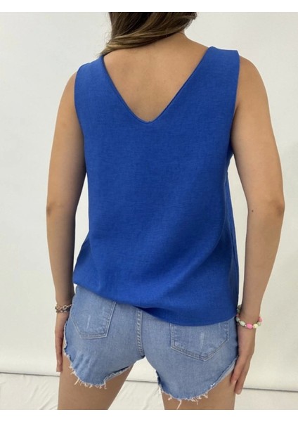 V Yaka Sıfır Kol Keten Bluz -Saks indirimleri