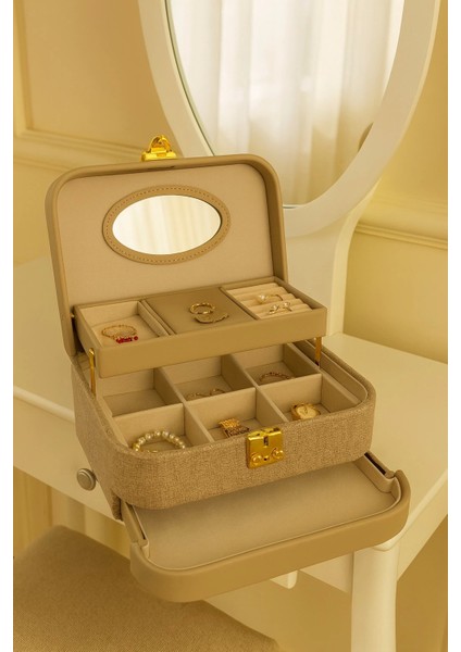 Otomatik Açılır Kapanır Kilitli 2 Çekmeceli Takı Bijuteri Mücevher Kutusu Organizer Düzenleyici Krem Ithal Ürün