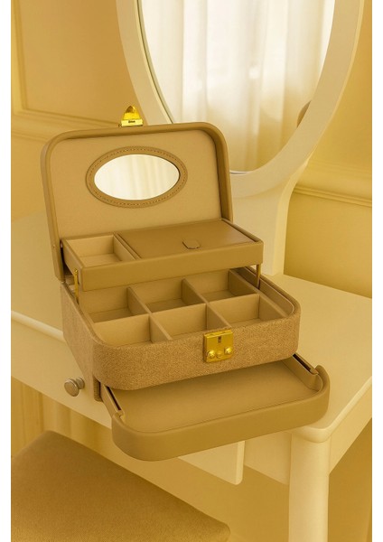 Otomatik Açılır Kapanır Kilitli 2 Çekmeceli Takı Bijuteri Mücevher Kutusu Organizer Düzenleyici Krem Ithal Ürün fiyatları