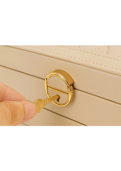 Otomatik Açılır Kapanır Kilitli 2 Çekmeceli Takı Bijuteri Mücevher Kutusu Organizer Düzenleyici Krem Ithal Ürün fırsatları