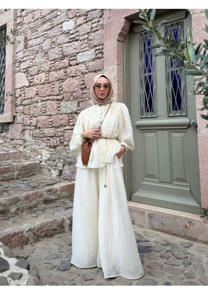 Kadın Keten Ekru Pantolon Bluz Tesettür Takım